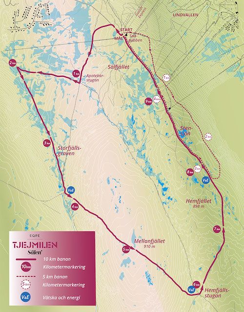 Karta över banan för både 10 och 5 kilometer från Tjejmilen Sälens hemsida