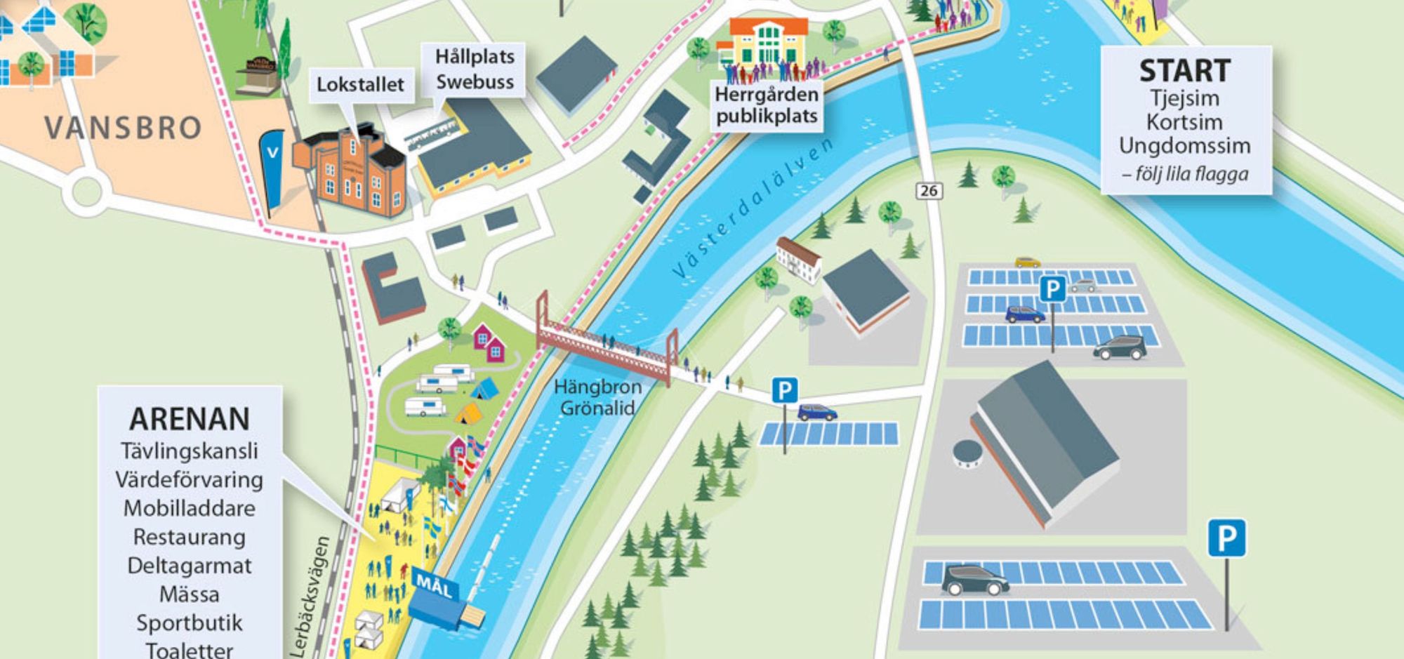 Karta över bana med start och mål för tjejsimmet från Vansbrosimningens hemsida